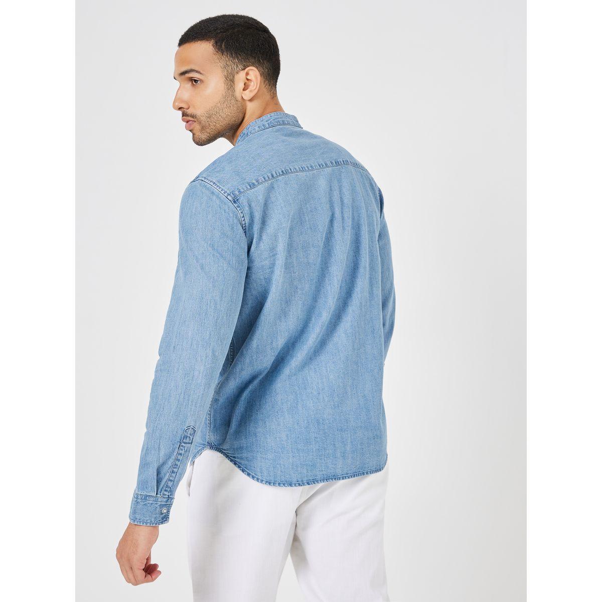 Styli Lightweight Mandarin Collar Relaxed Fit Denim Shirt-men-clothing-shirts-image-7