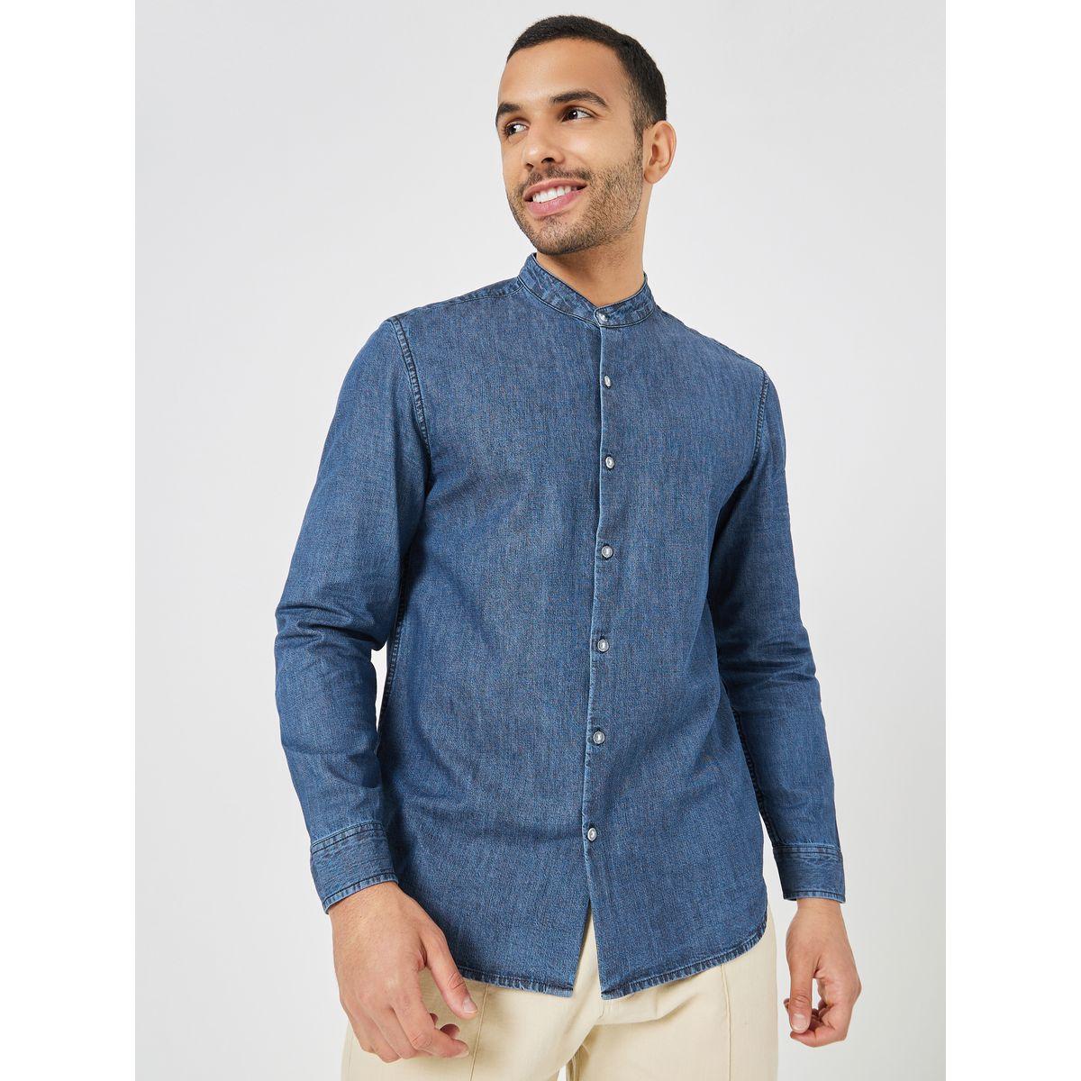 قميص دنيم بياقة ماندارين-men-clothing-shirts-image-1