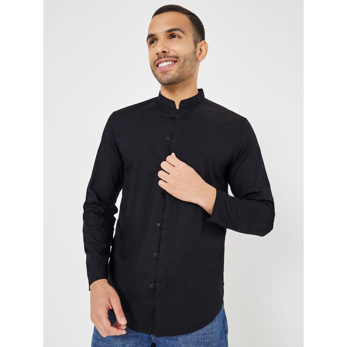 Styli Stretch Poplin Grandad Collar Loop Button Shirt-men-clothing-shirts-image-1