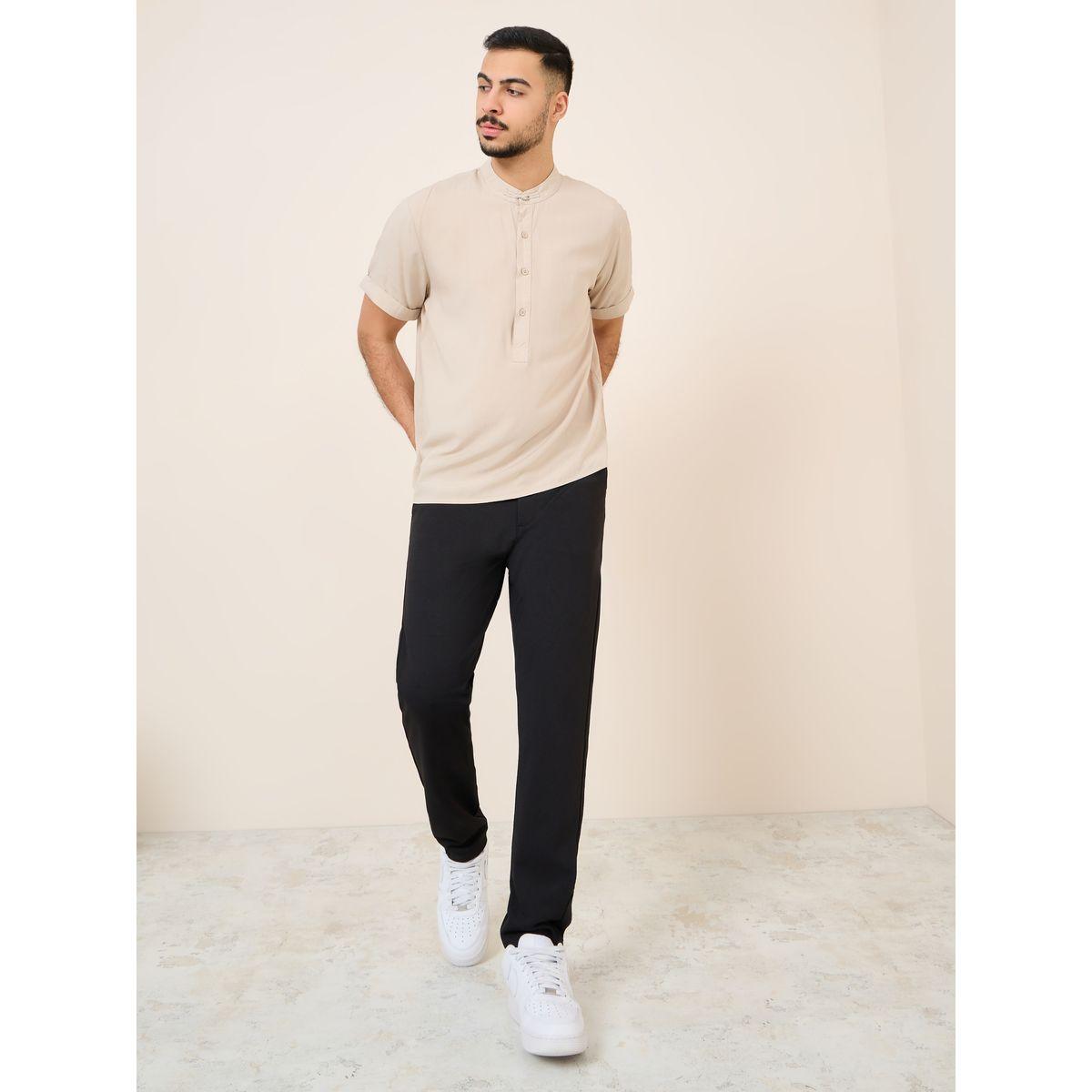 Styli Soft Viscose Grandad Collar Regular Shirt With Half Button Placket-men-clothing-shirts-image-1