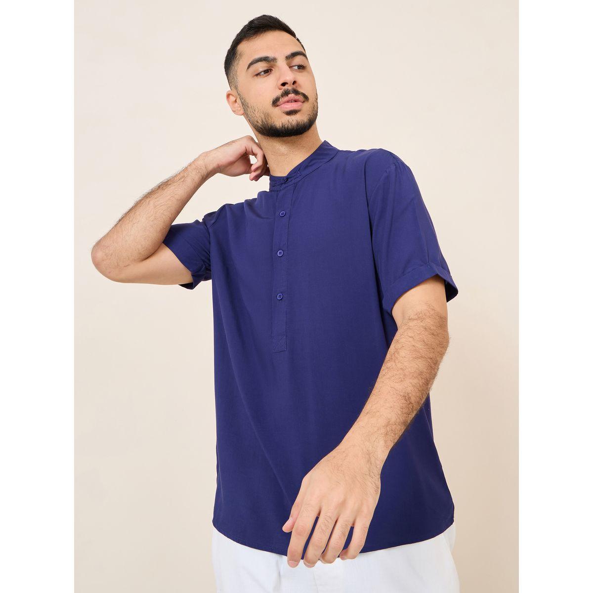 Styli Soft Viscose Grandad Collar Regular Shirt With Half Button Placket-men-clothing-shirts-image-1