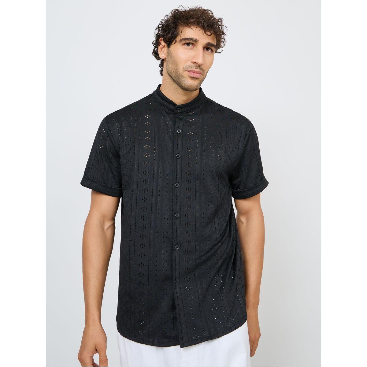 Styli Knit Pattern Mandarin Collar Shirt-men-clothing-shirts-image-1