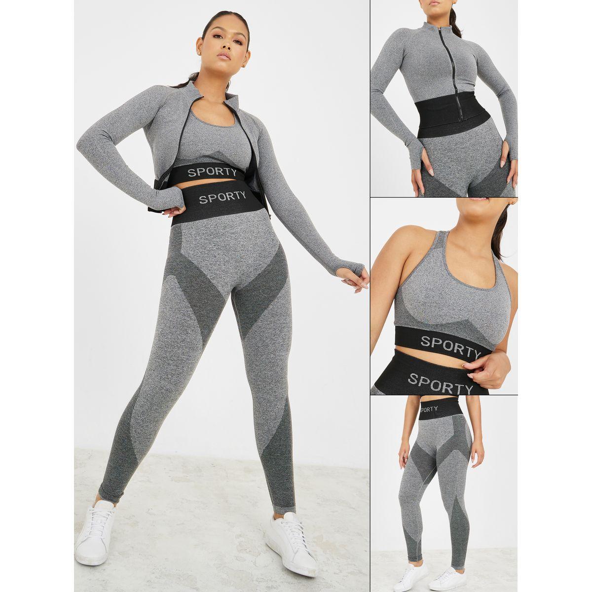 Styli Active Pack of 3 - Melange Sports Bra Zip Up Thumbhole Jacket and Legging Set-sports-women-clothing-trackpantsandtracksuits-image-1