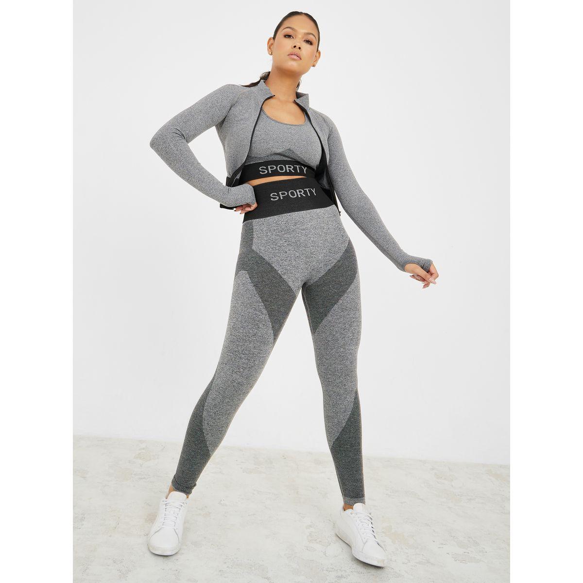 Styli Active Pack of 3 - Melange Sports Bra Zip Up Thumbhole Jacket and Legging Set-sports-women-clothing-trackpantsandtracksuits-image-2