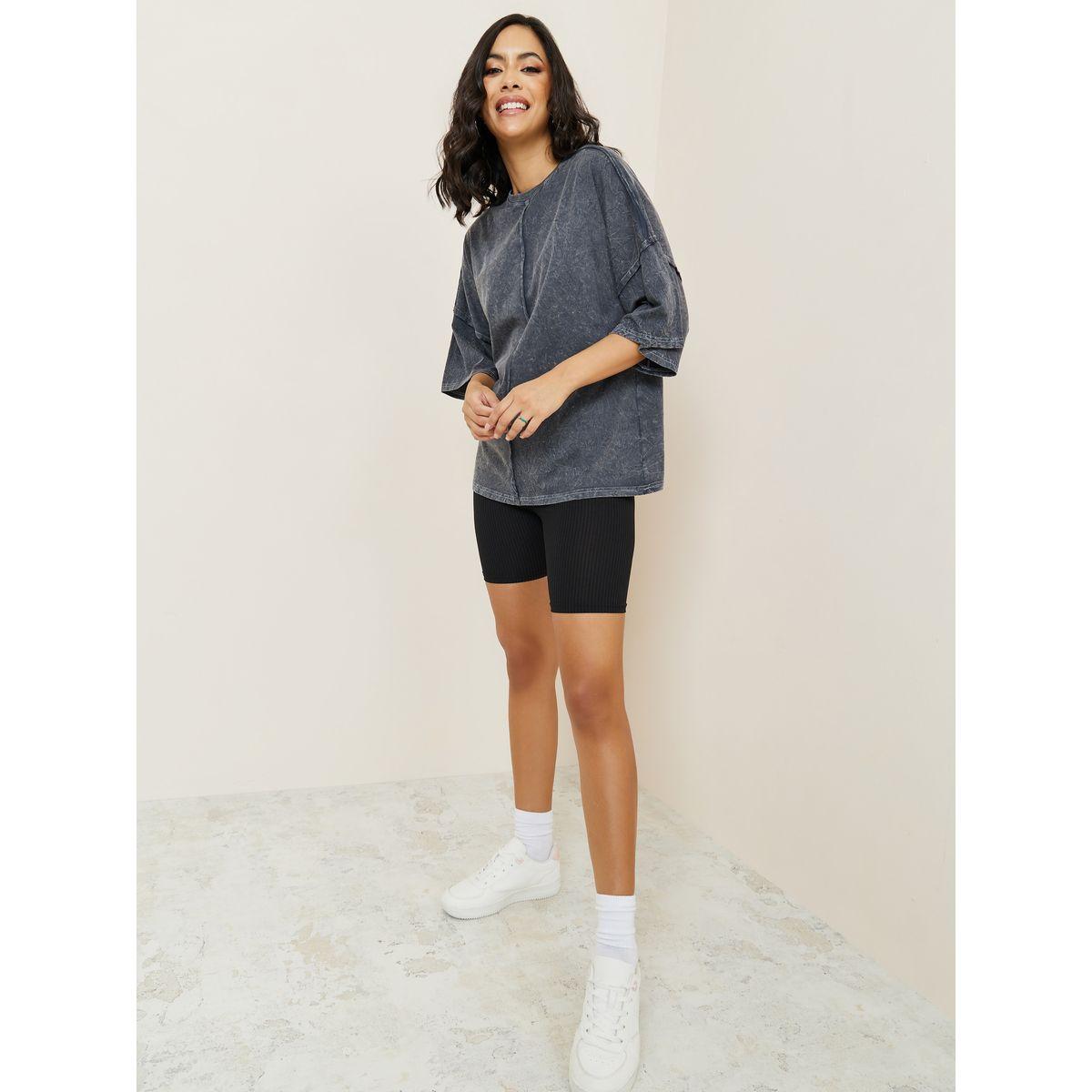 Styli Oversized Exaggerated Sleeve Washed T-Shirt with Exposed Seam-women-clothing-tshirts-image-2