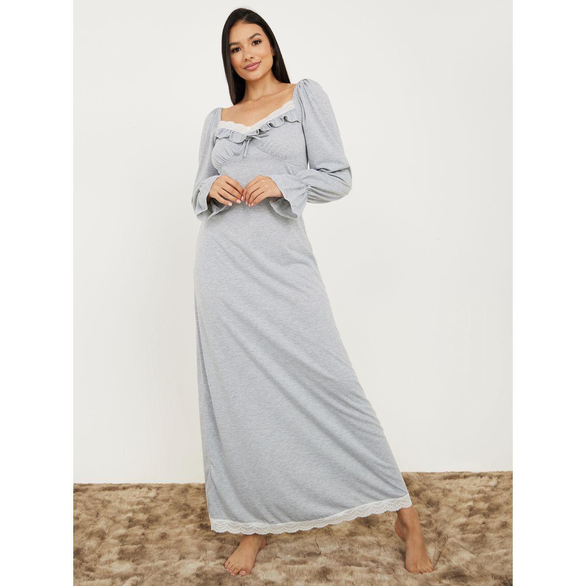Styli Unwind Lace Trim Ruffle Detail Nightdress-women-clothing-nightwear-nighties-image-1