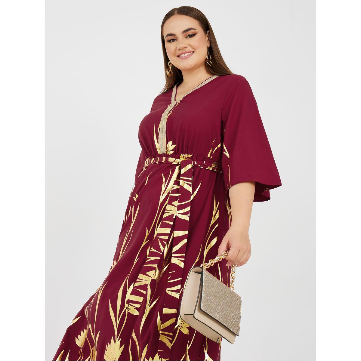 Styli Plus 3/4 Sleeves Foil Print A-Line Maxi Dress-women-clothing-dresses-image-2