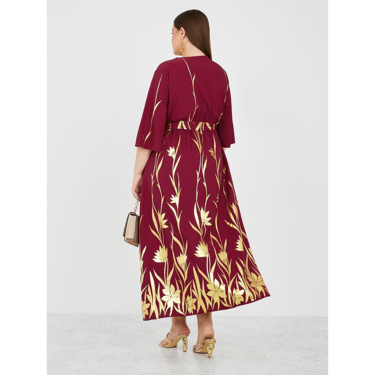 Styli Plus 3/4 Sleeves Foil Print A-Line Maxi Dress-women-clothing-dresses-image-4
