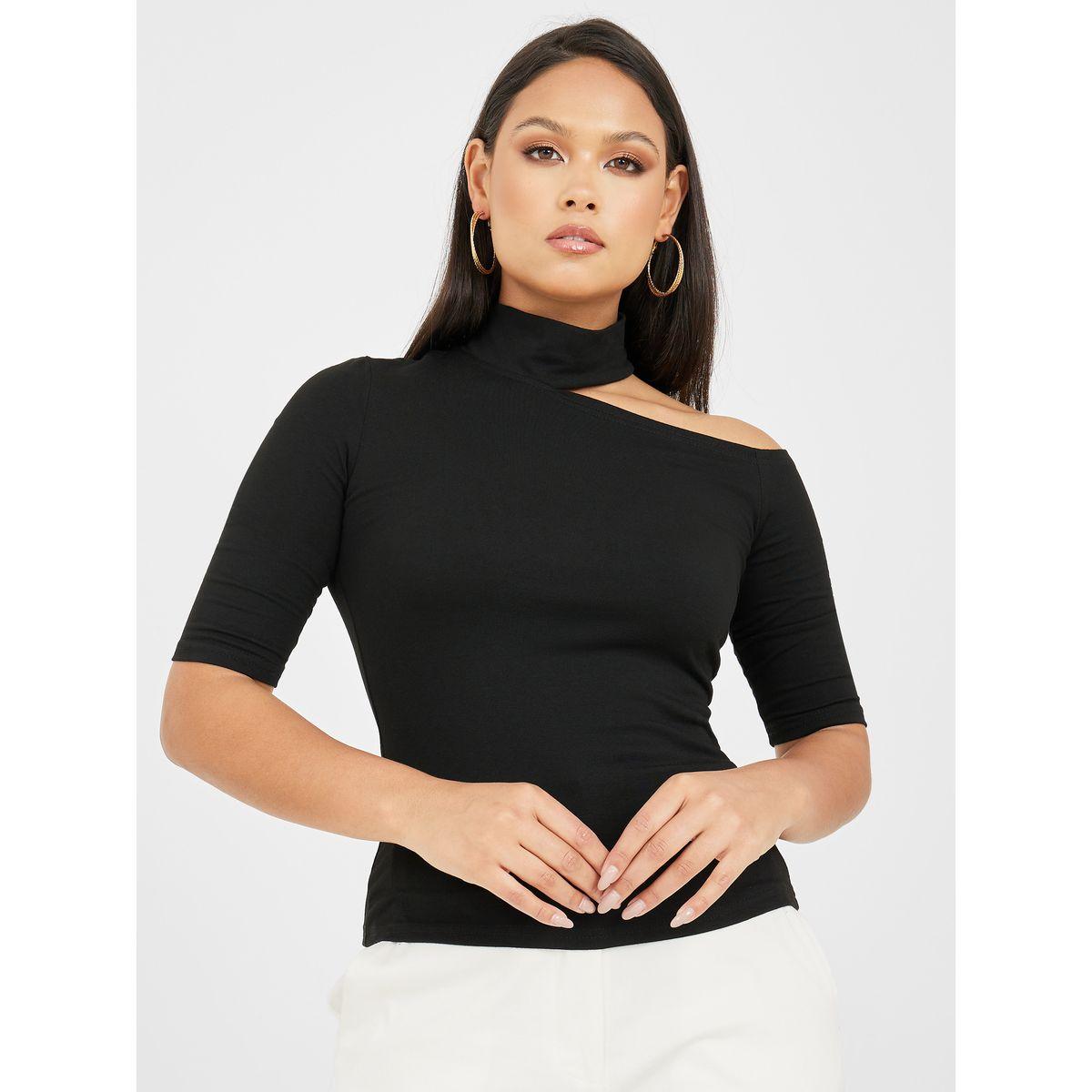 Styli Shoulder Cutout Detail High Neck Fitted Knit Top-women-clothing-shirtsandblouses-blouses-image-3