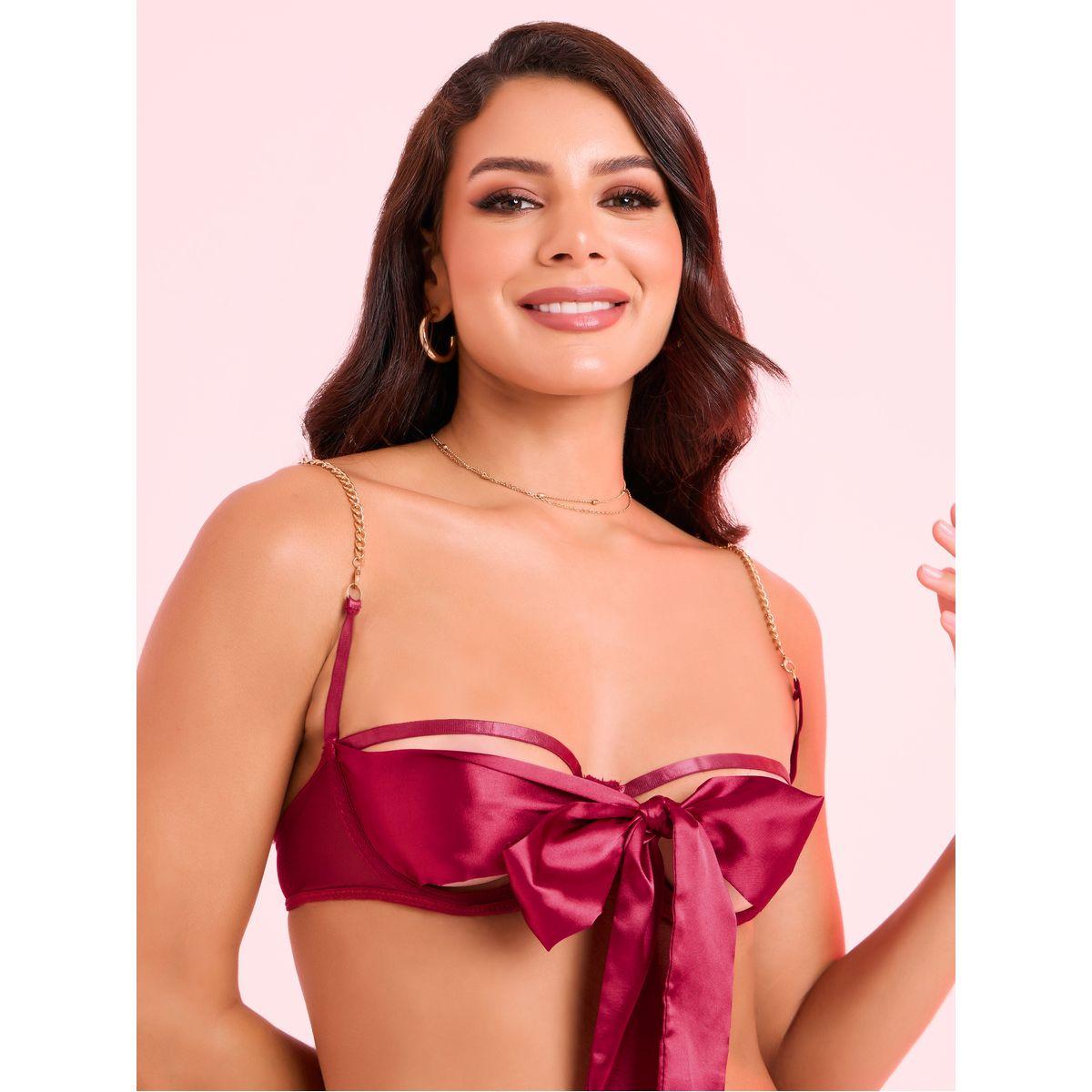 Styli Non Padded Wired Big Satin Bow Bra with Chain Strap & Thong Set-women-clothing-lingerie-lingeriesets-image-3