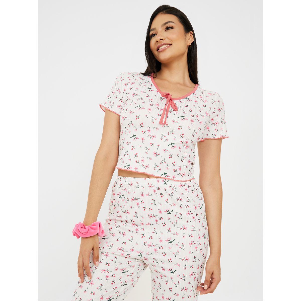 Styli Unwind  Floral Print Ribbed Bow Detail T-shirt and Pyjama Set-women-clothing-nightwear-pyjamas-longsets-image-3