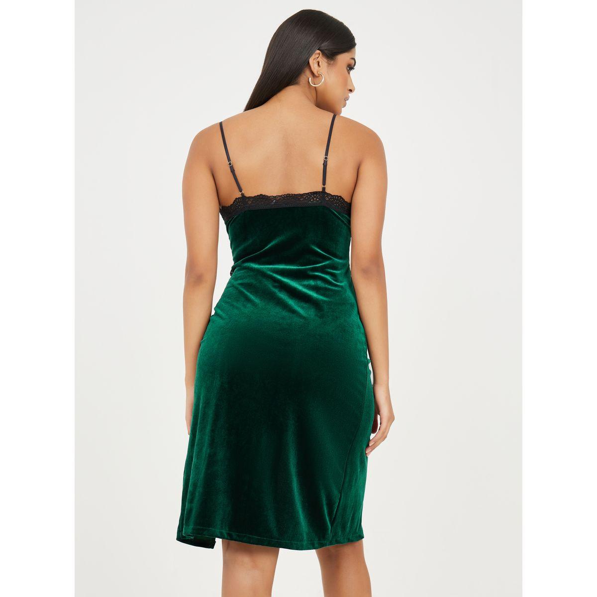 Styli Lace Trim Side Slit Velvet Slip Dress-women-clothing-lingerie-babydollsandbodysuits-image-3