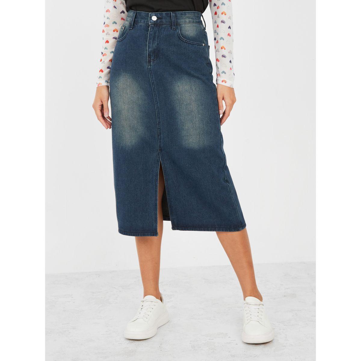 Styli Solid Front Slit Denim Skirt-women-clothing-bottoms-skirts-image-1