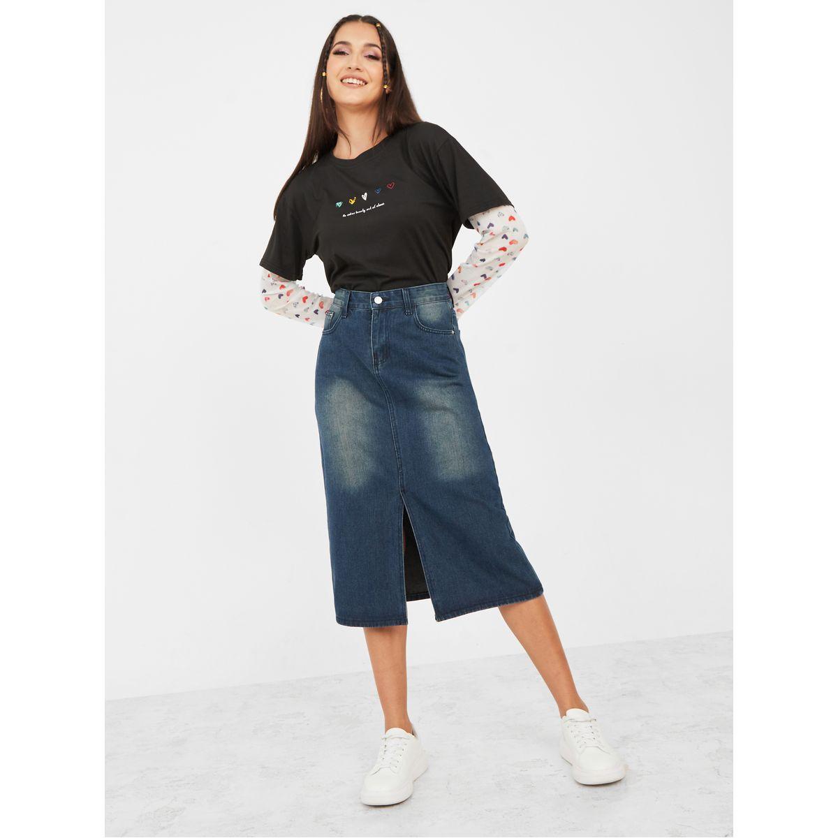 Styli Solid Front Slit Denim Skirt-women-clothing-bottoms-skirts-image-2