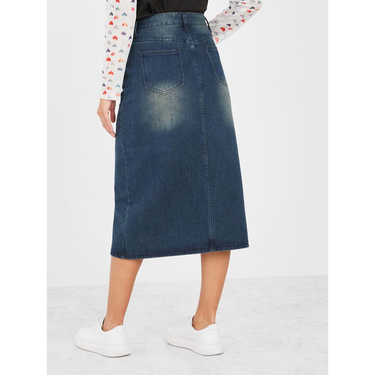 Styli Solid Front Slit Denim Skirt-women-clothing-bottoms-skirts-image-4
