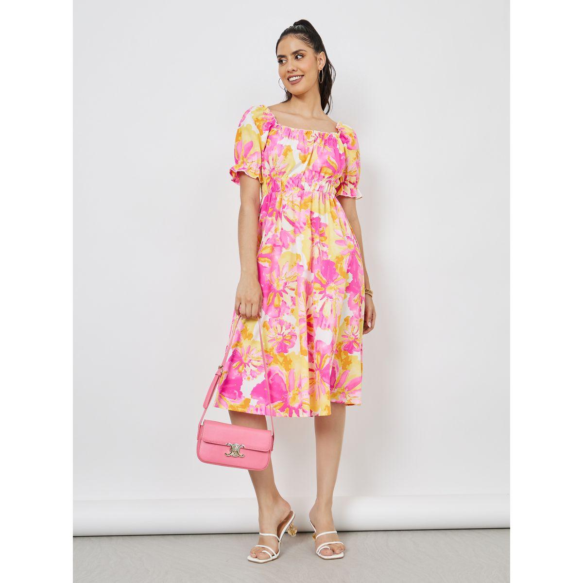 Styli Floral Print Square Neck Shirred Midi Dress-women-clothing-dresses-image-1