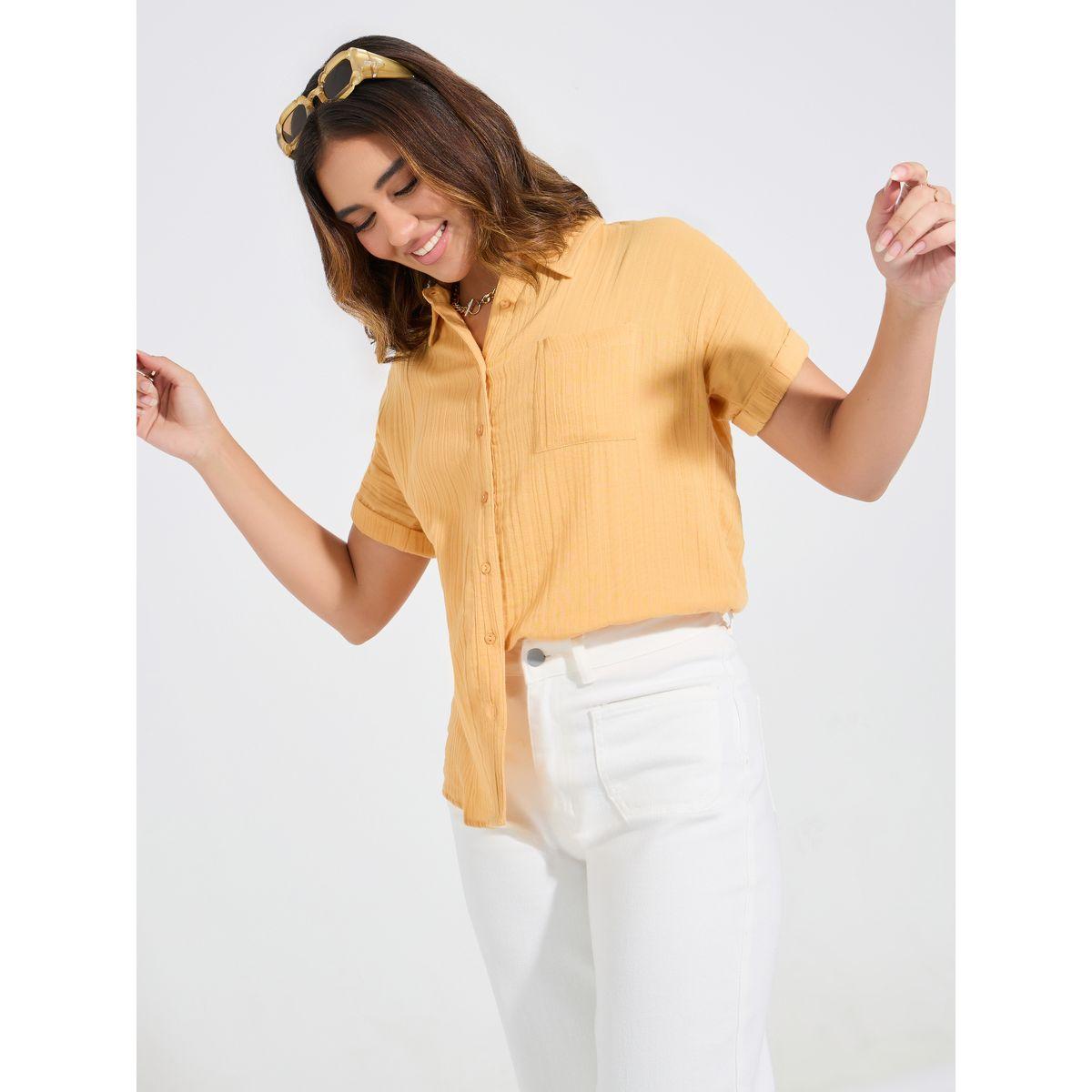 Styli Elevate Cotton Gauze Textured Shirt with Turn-Up Sleeves-women-clothing-shirtsandblouses-shirts-image-4