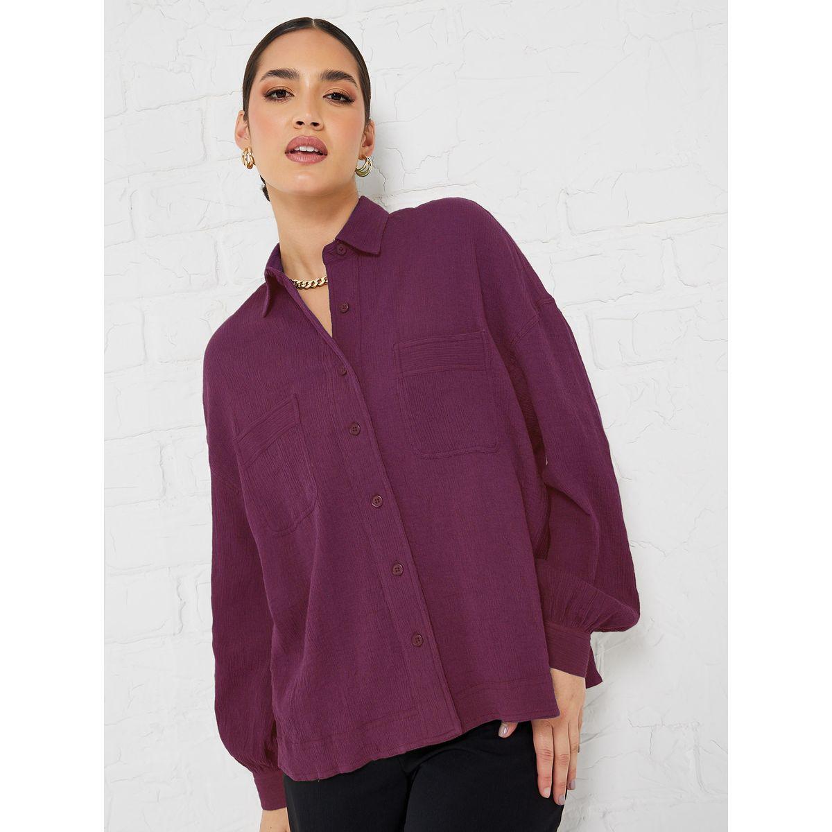 Styli Elevate Drop Shoulder Crepe Oversized Shirt with Patch Pocket-women-clothing-shirtsandblouses-shirts-image-3