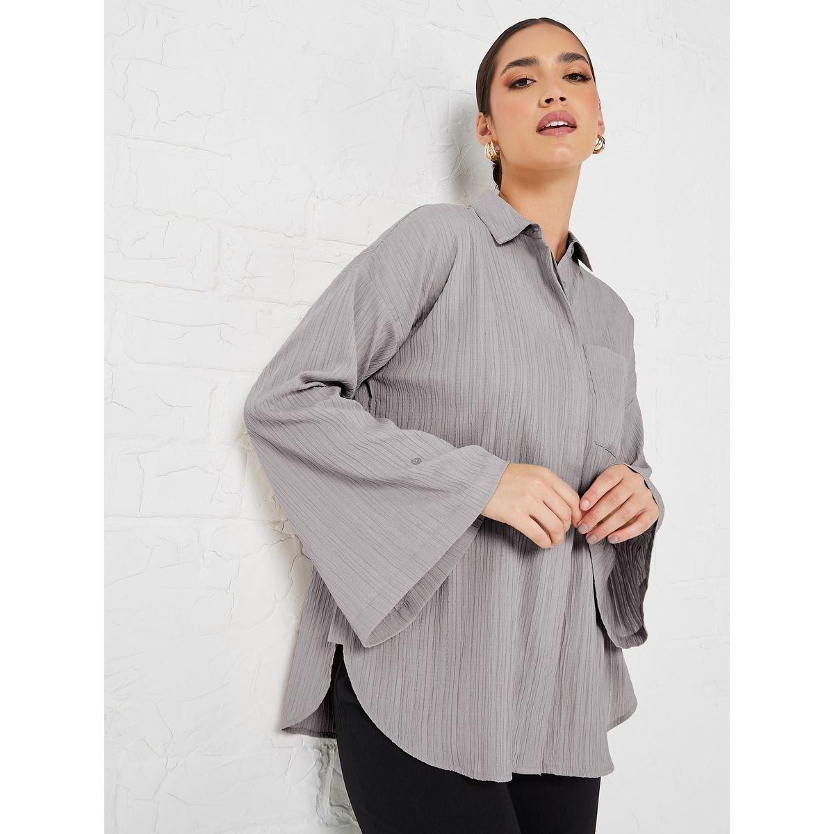 Styli Elevate Flare Sleeve Crepe Oversized Longline Shirt-women-clothing-shirtsandblouses-shirts-image-1