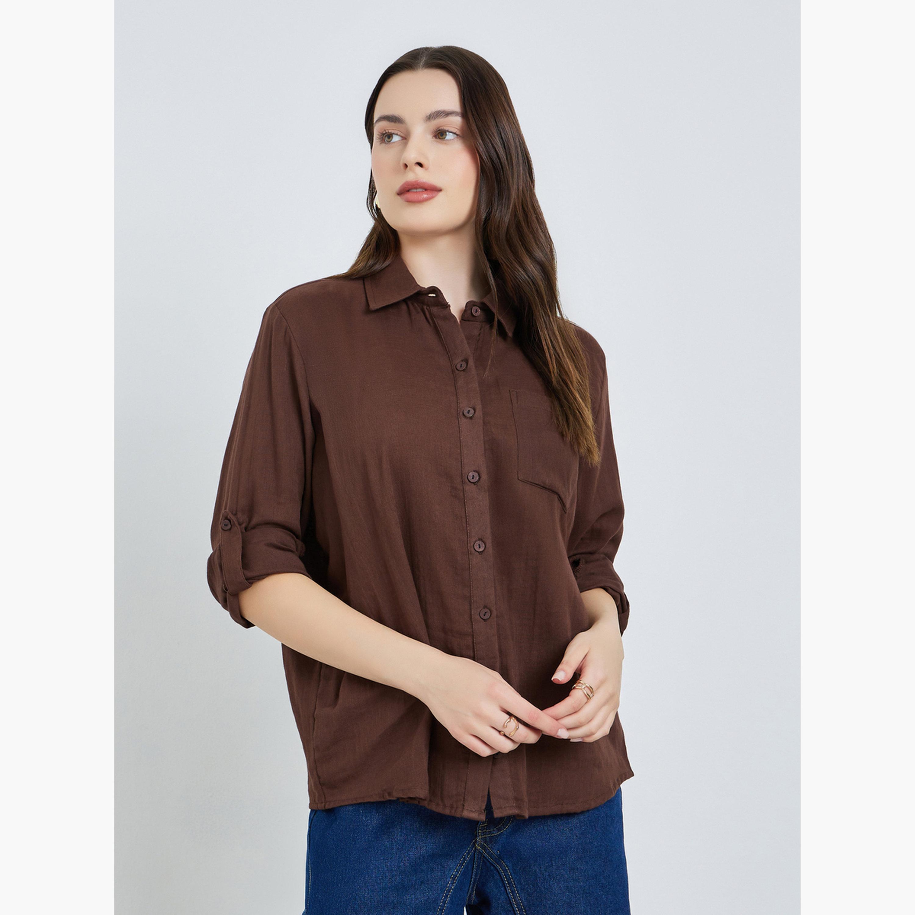 Styli Women Cotton Oversized Shirt with Roll-Up Sleeves-women-clothing-shirtsandblouses-shirts-image-1