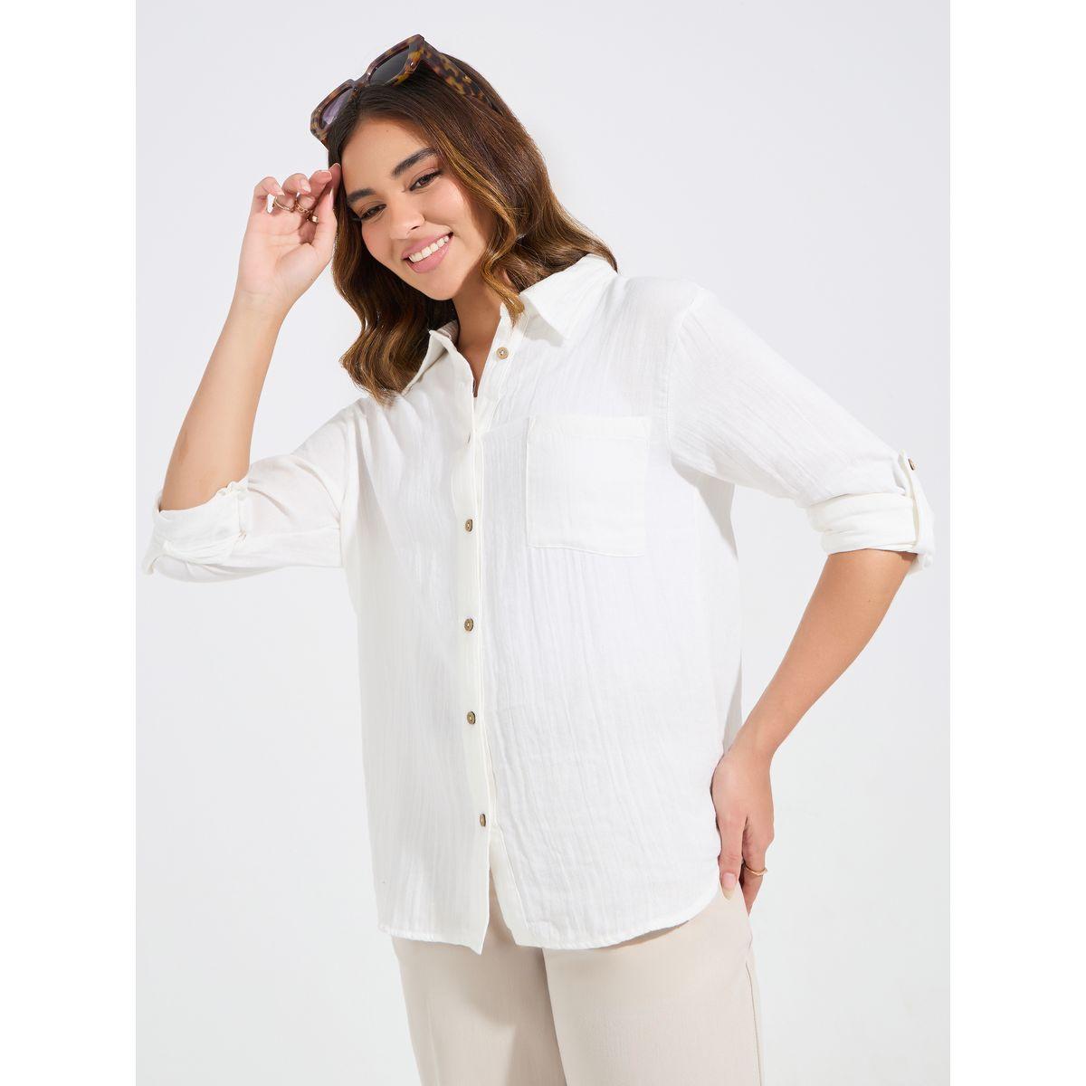 بلوزة فضفاضة بتفاصيل بارزة الملمس واكمام ملفوفة-women-clothing-shirtsandblouses-shirts-image-1