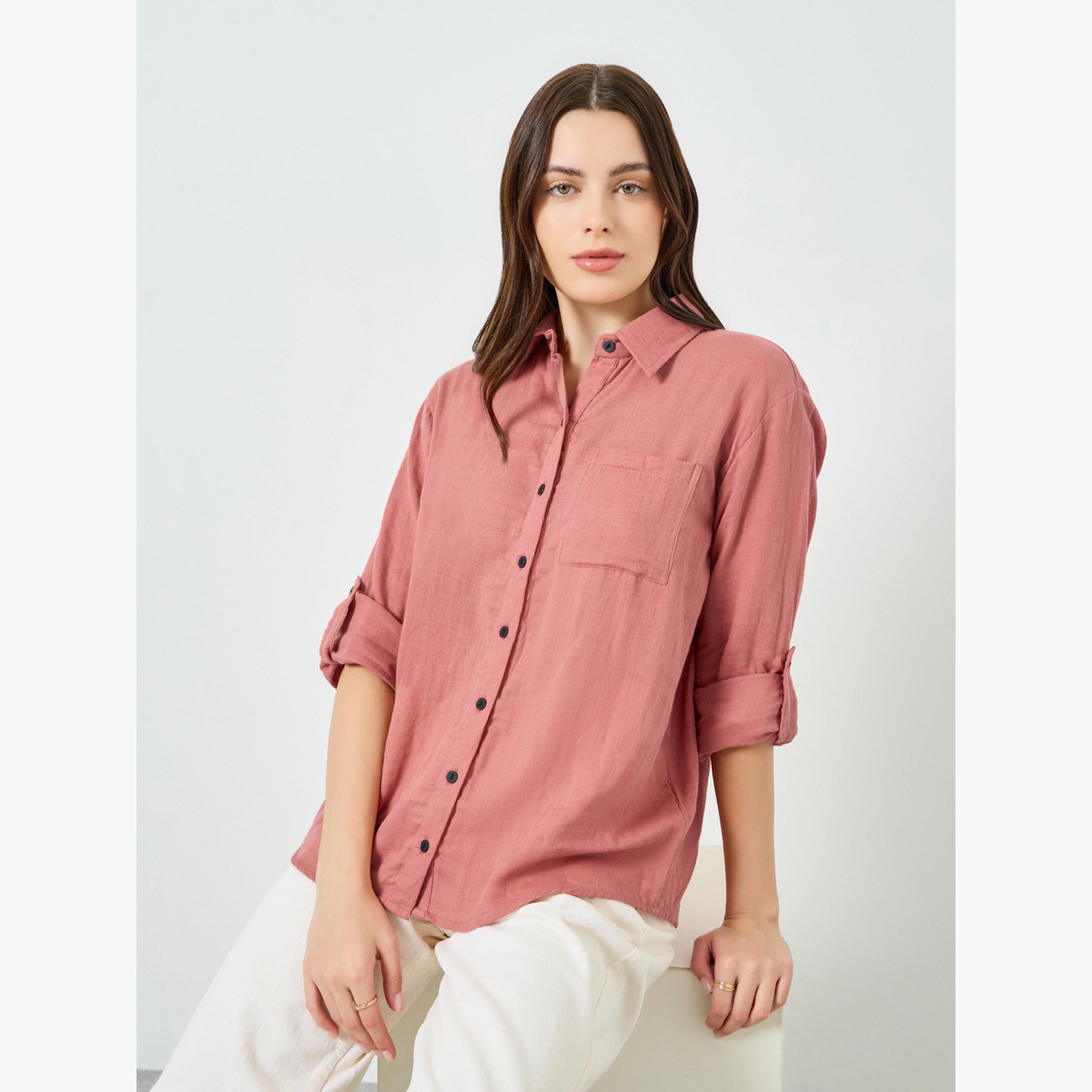 Styli Women Cotton Oversized Shirt with Roll-Up Sleeves-women-clothing-shirtsandblouses-shirts-image-3