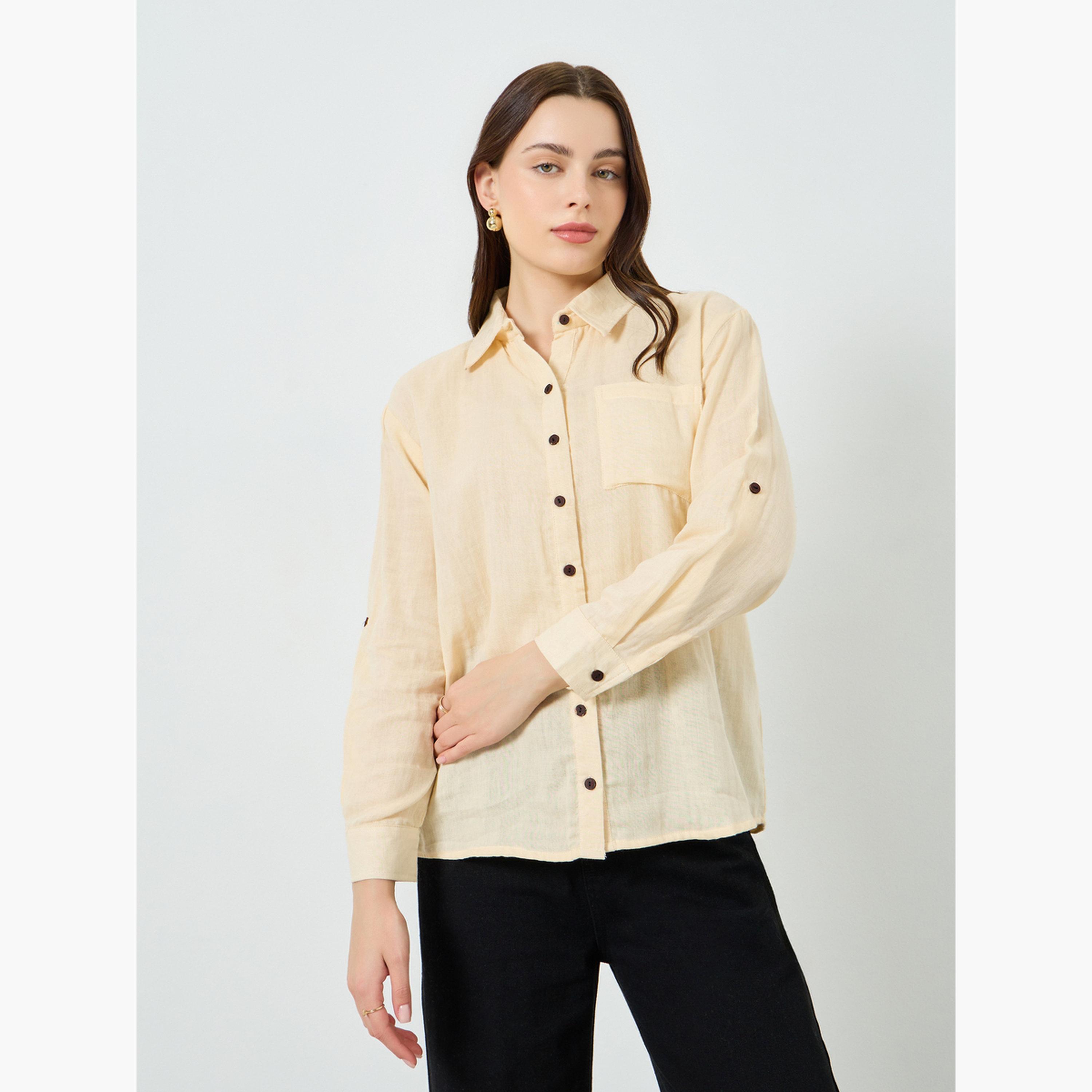 بلوزة قطن بقصة واسعة وأكمام قابلة للطي-women-clothing-shirtsandblouses-shirts-image-1