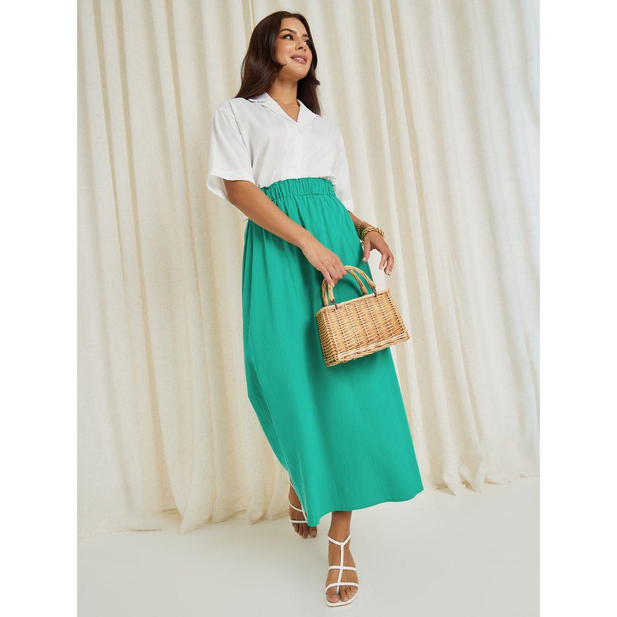 Styli Elastic Waistband Solid A-Line Maxi Skirt-women-clothing-bottoms-skirts-image-1
