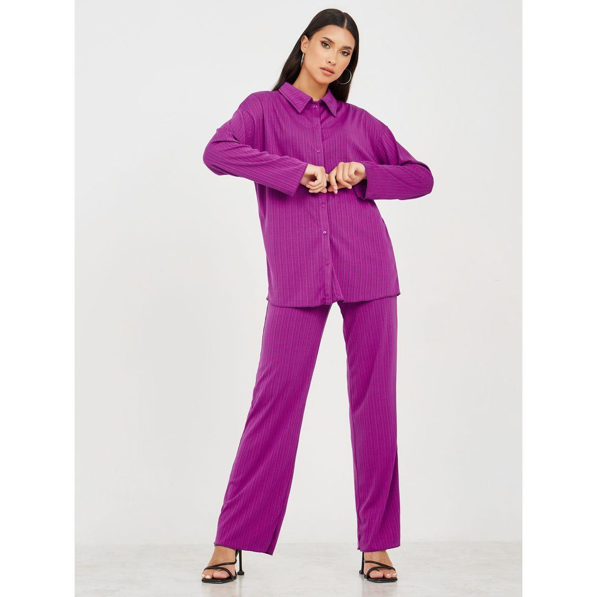 Styli Button Placket Longline Shirt & Trouser Co-Ord Set-women-clothing-coordsets-image-1