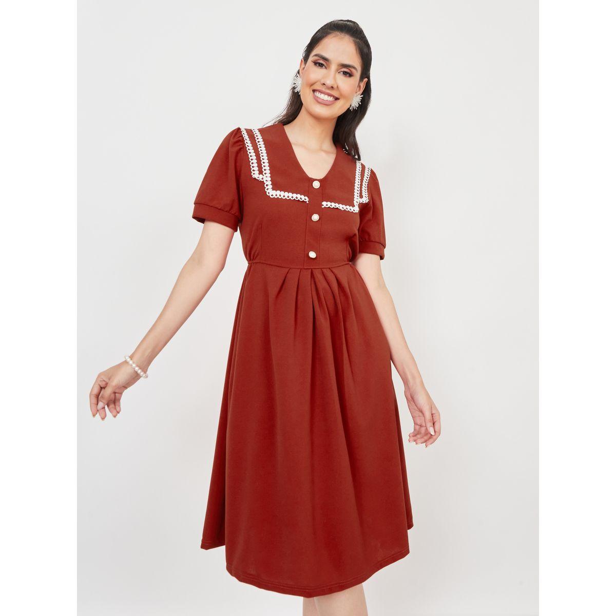 Styli Lace and Pleated Detail Knee Length Dress-women-clothing-dresses-image-1
