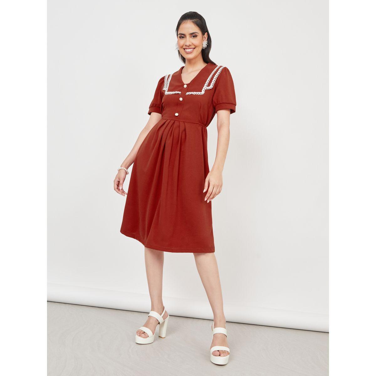 Styli Lace and Pleated Detail Knee Length Dress-women-clothing-dresses-image-2
