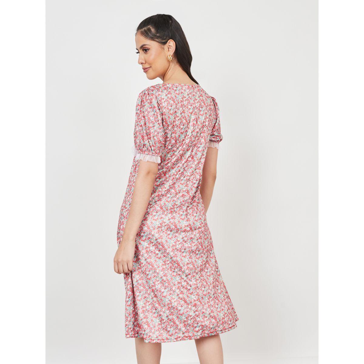 Styli Ditsy Floral Print A-Line Knee Length Dress-women-clothing-dresses-image-4
