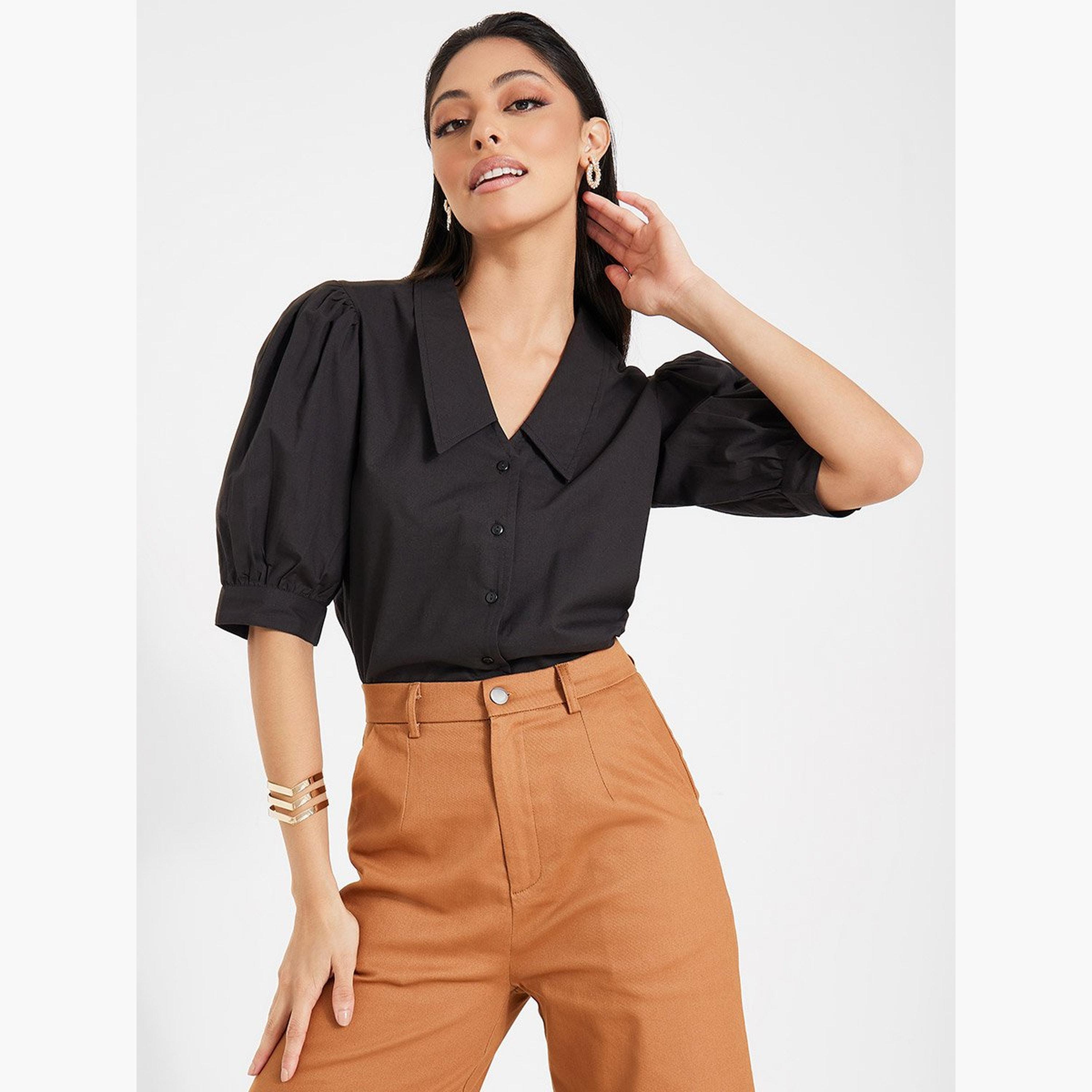 Styli Puff Sleeve Poplin Shirt with Buttons-women-clothing-shirtsandblouses-shirts-image-1