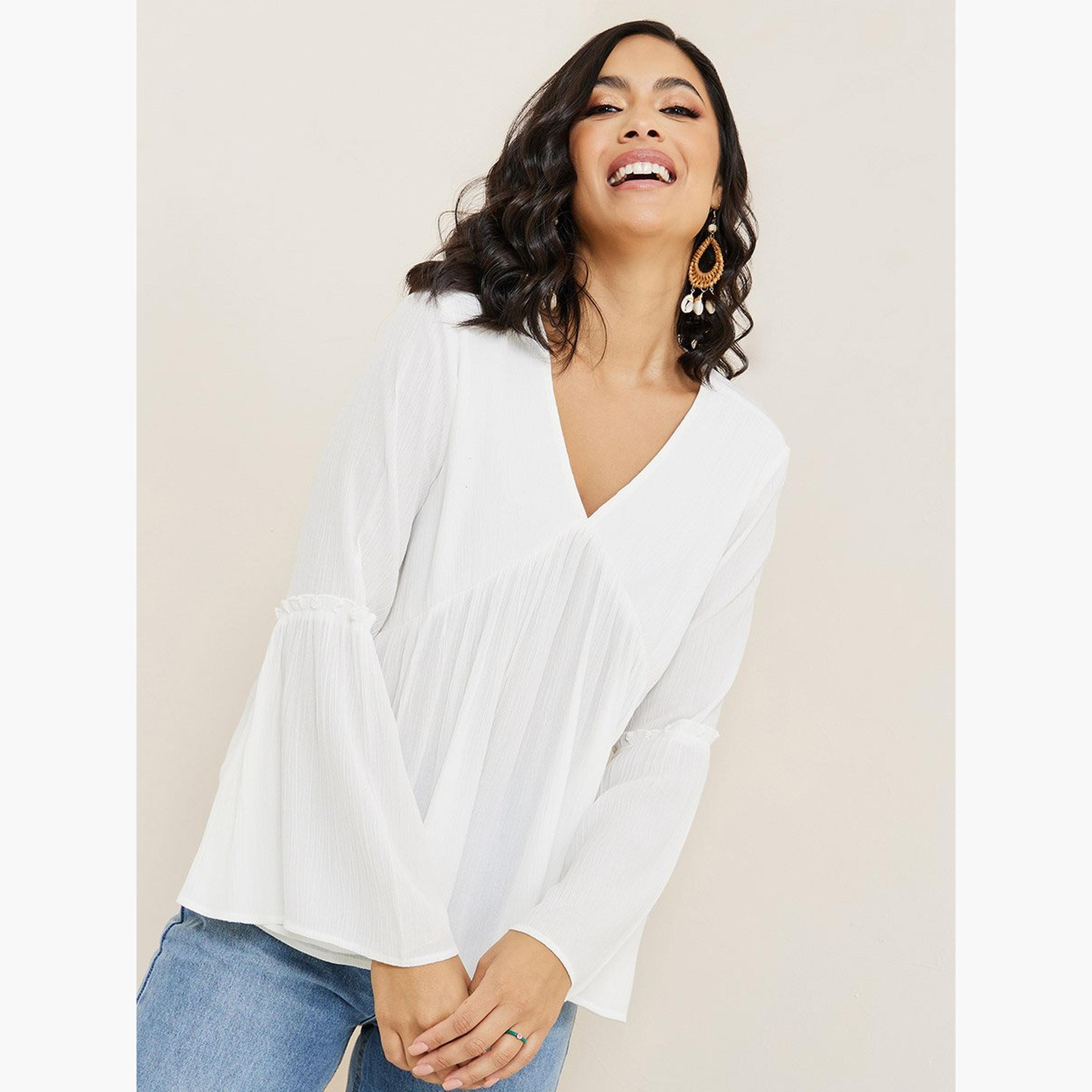 ستايلي - بلوزة مجمعة بأكمام جرس ورقبة على شكل حرف V-women-clothing-shirtsandblouses-blouses-image-1