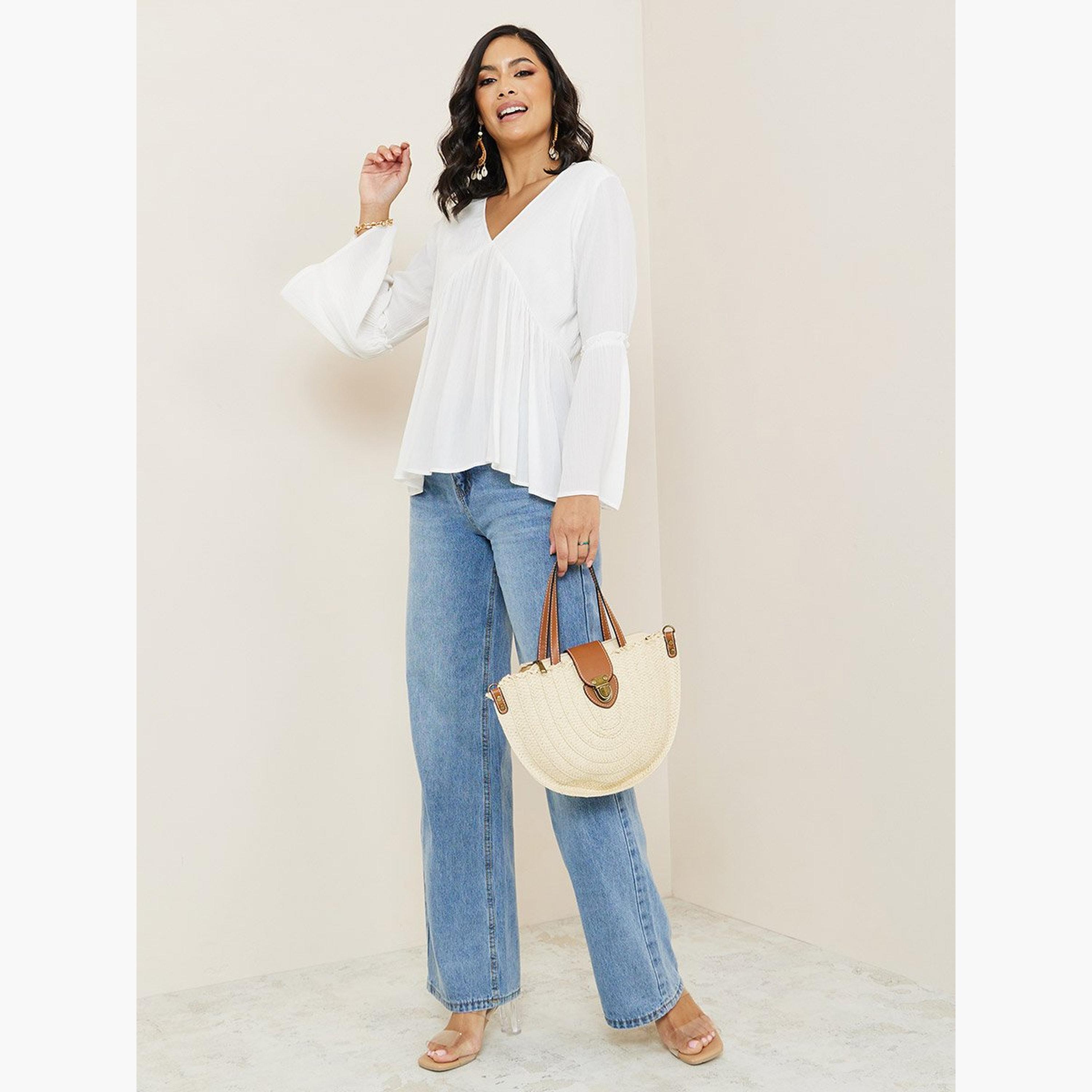Styli Bell Sleeve V-Neck Gathered Blouse-women-clothing-shirtsandblouses-blouses-image-2