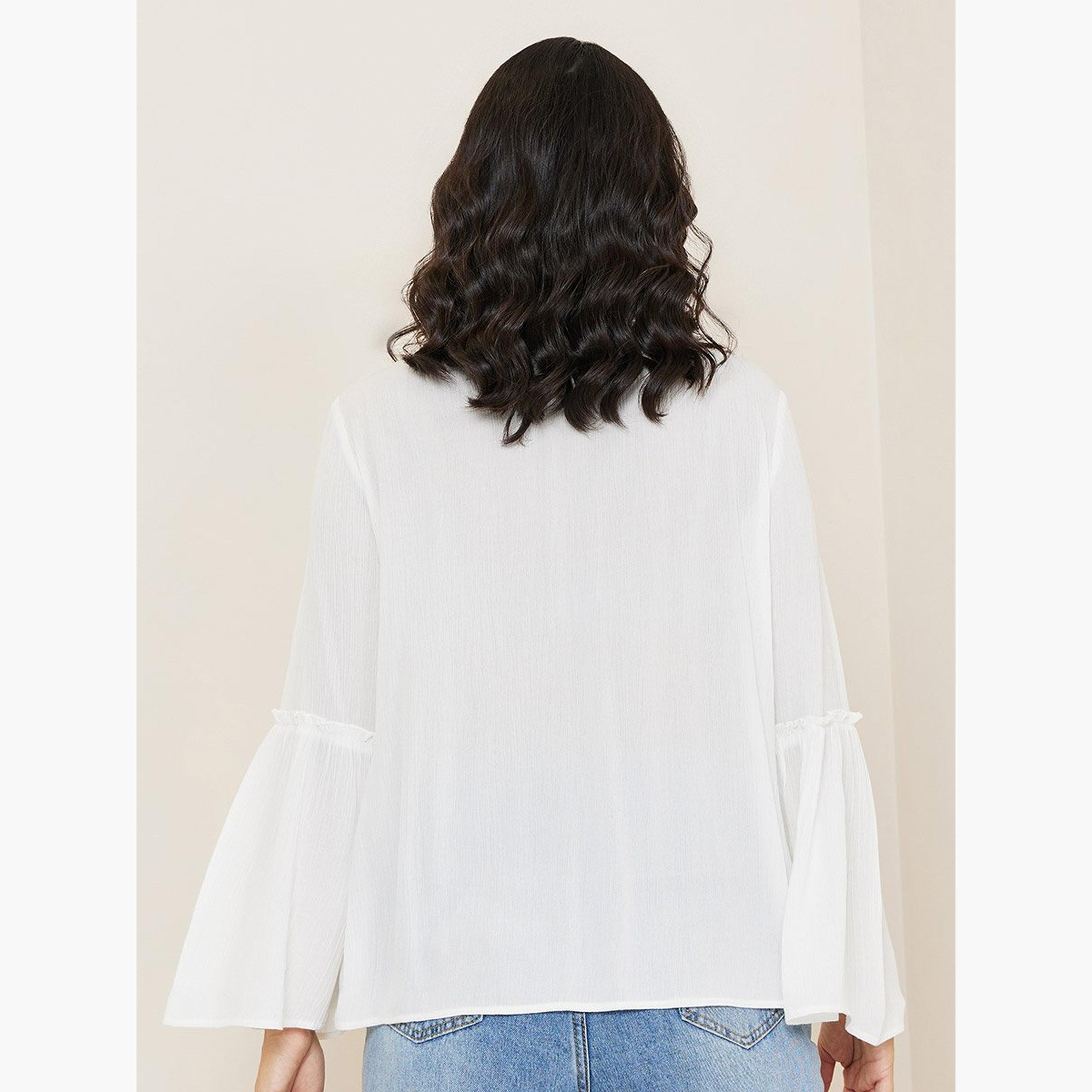 ستايلي - بلوزة مجمعة بأكمام جرس ورقبة على شكل حرف V-women-clothing-shirtsandblouses-blouses-image-4