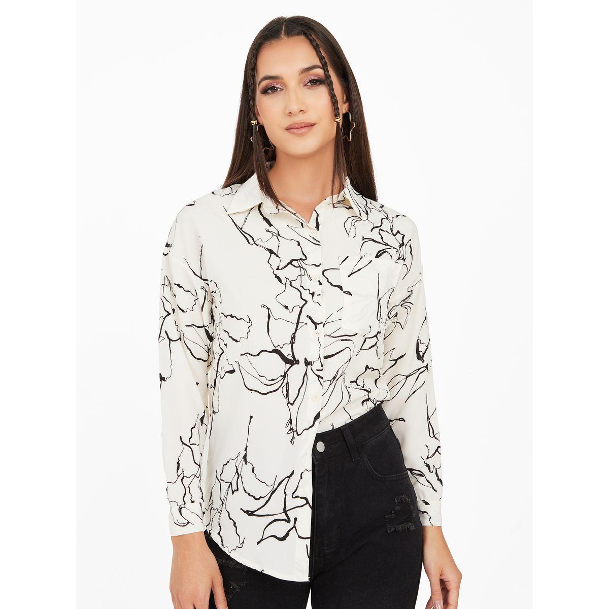 Styli Floral Sketch Print Button Placket Shirt-women-clothing-shirtsandblouses-shirts-image-1