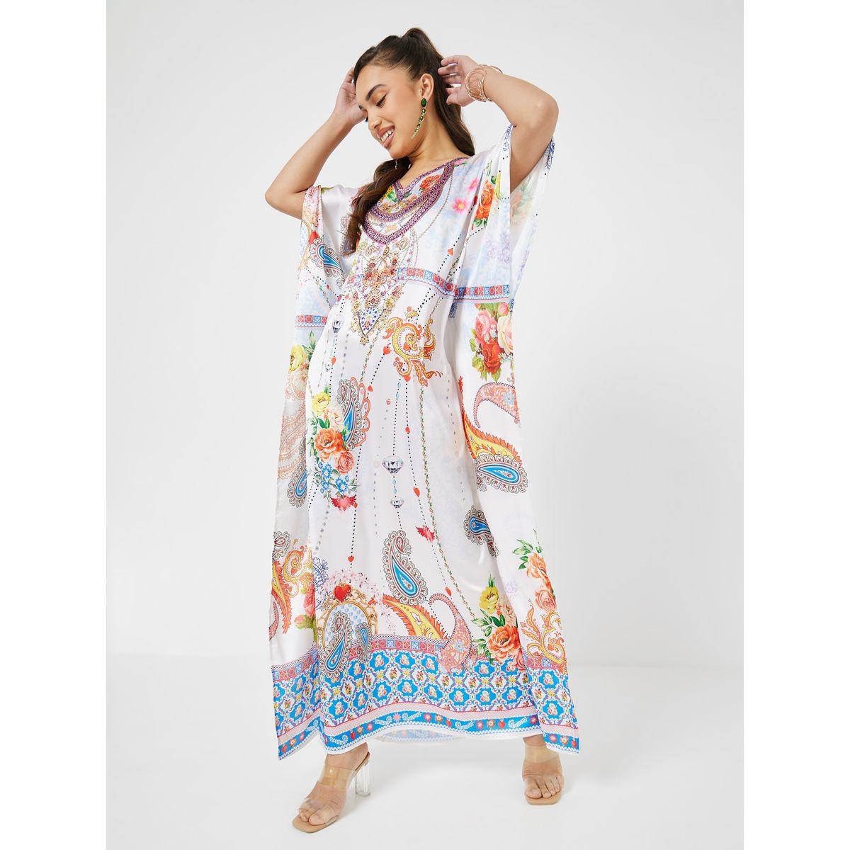 Styli Paisley Print Satin Kaftan with Stone Work-women-arabicclothing-kaftan-image-1