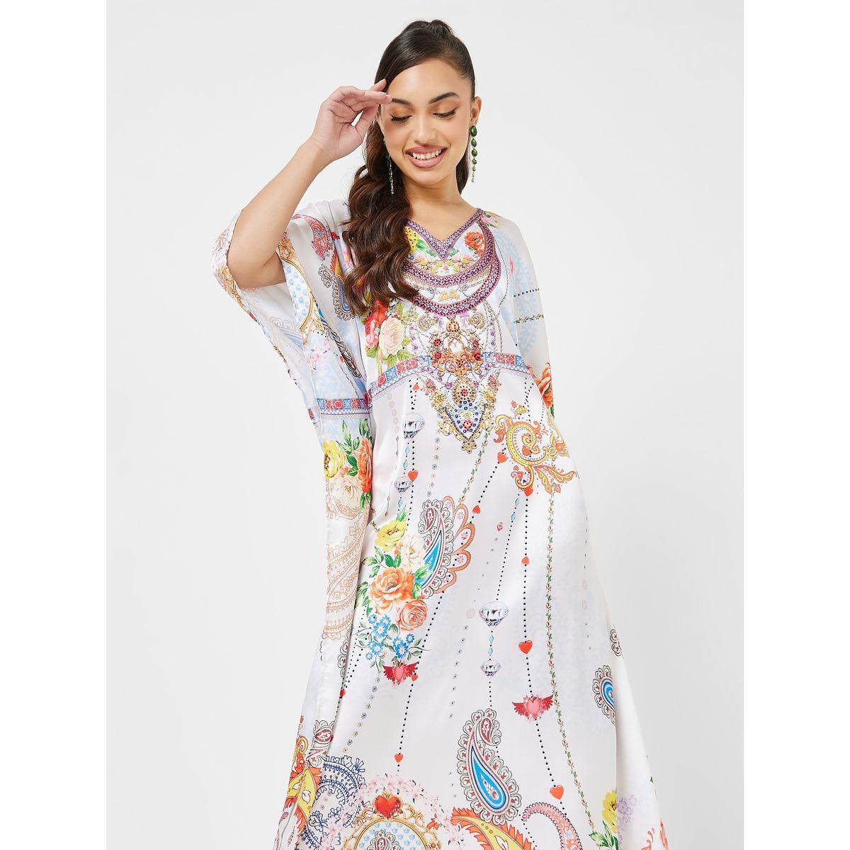 Styli Paisley Print Satin Kaftan with Stone Work-women-arabicclothing-kaftan-image-2
