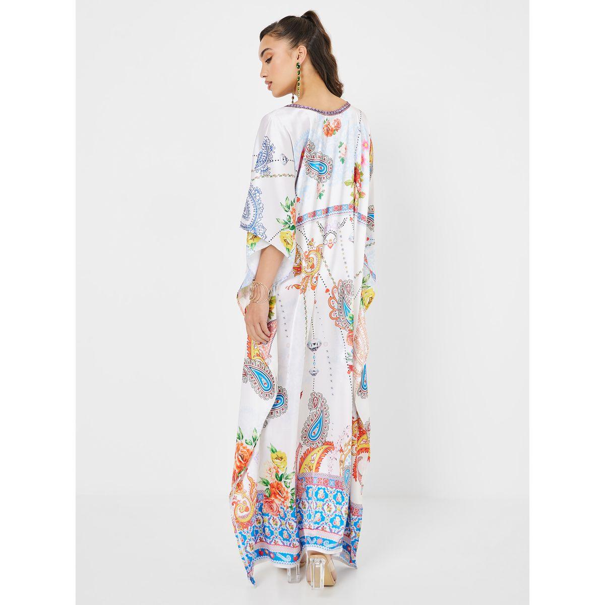 Styli Paisley Print Satin Kaftan with Stone Work-women-arabicclothing-kaftan-image-4