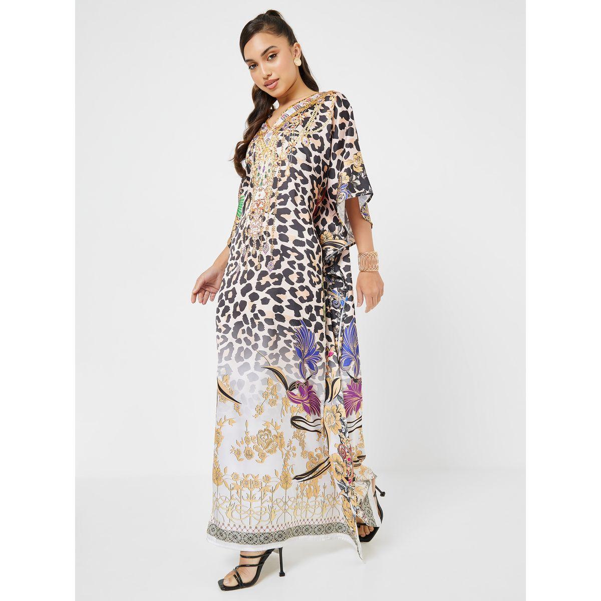 Styli Animal Print Satin Kaftan with Stone Work-women-arabicclothing-kaftan-image-1