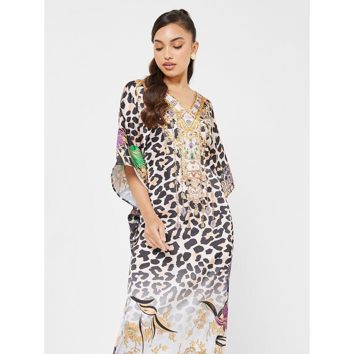 Styli Animal Print Satin Kaftan with Stone Work-women-arabicclothing-kaftan-image-2
