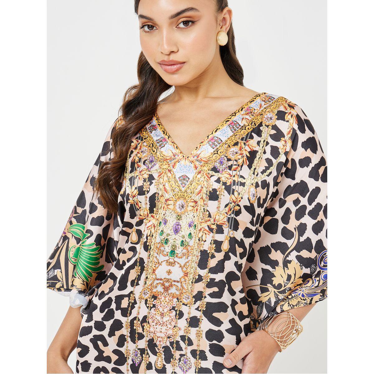 Styli Animal Print Satin Kaftan with Stone Work-women-arabicclothing-kaftan-image-3