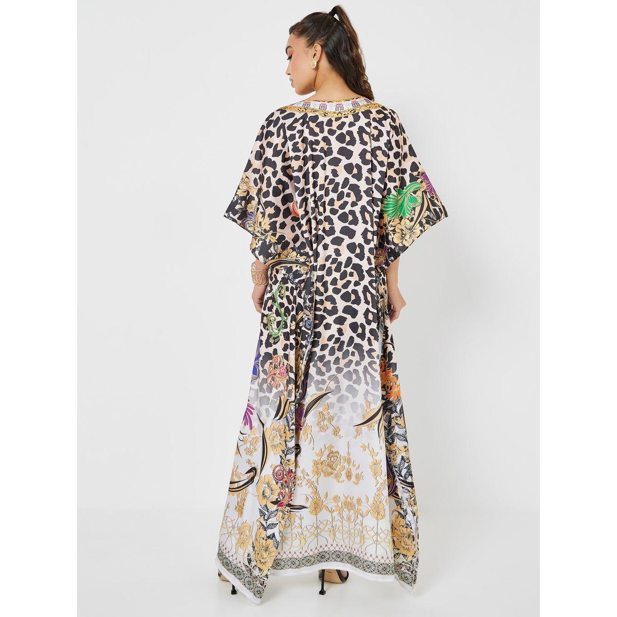 Styli Animal Print Satin Kaftan with Stone Work-women-arabicclothing-kaftan-image-4