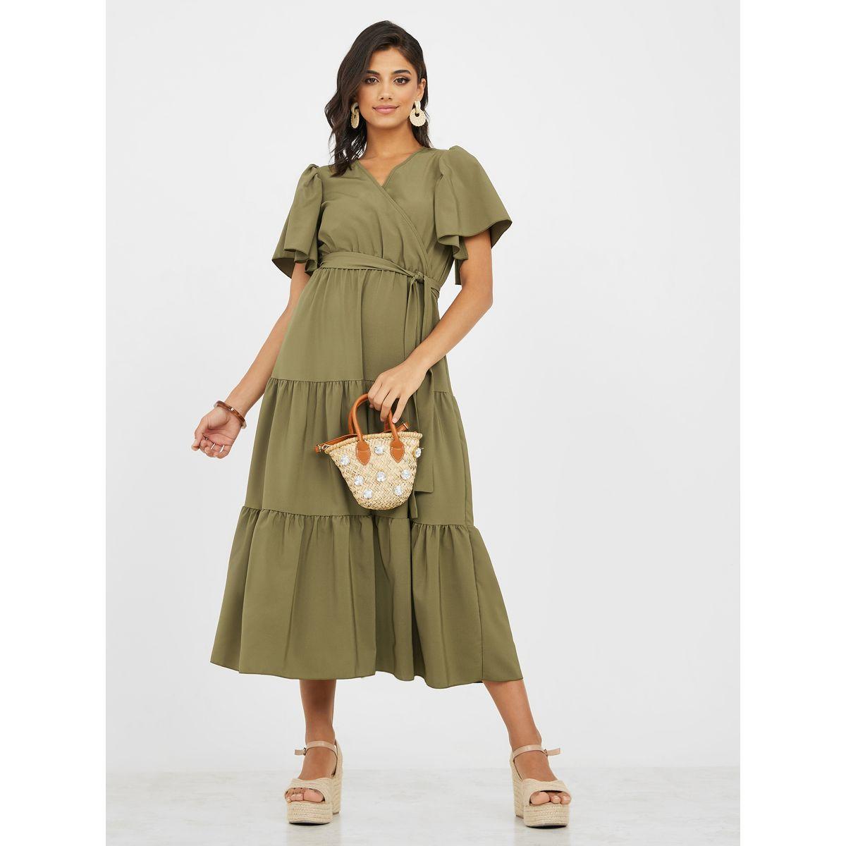 فستان ميدي بكسرات ورباط خصر-women-clothing-dresses-image-1