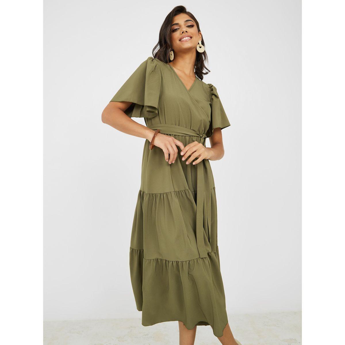 Styli Butterfly Sleeves Self Tie Belt Tiered Midi Dress-women-clothing-dresses-image-2
