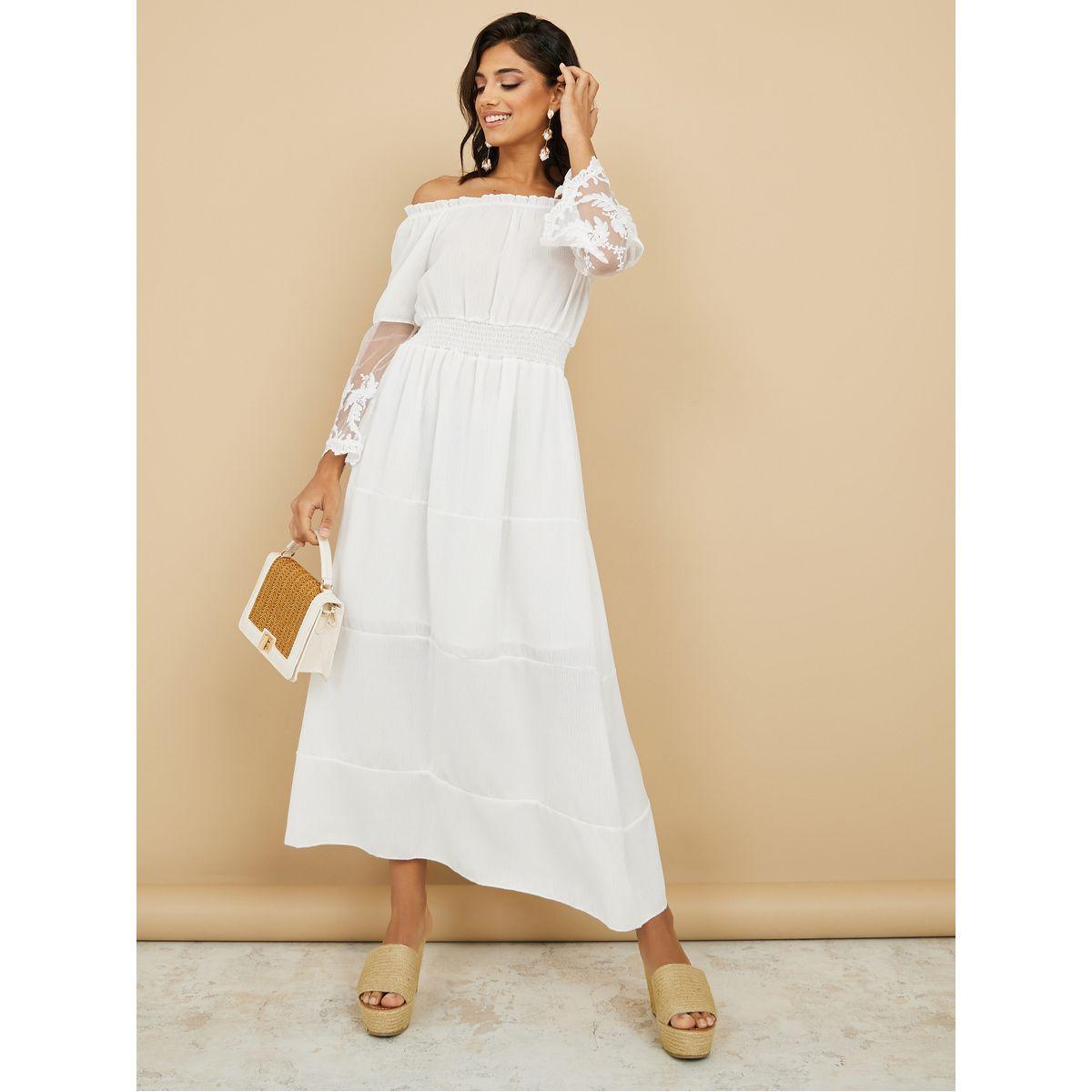 Styli Off Shoulder Lace Insert Tiered Midi Dress-women-clothing-dresses-image-1