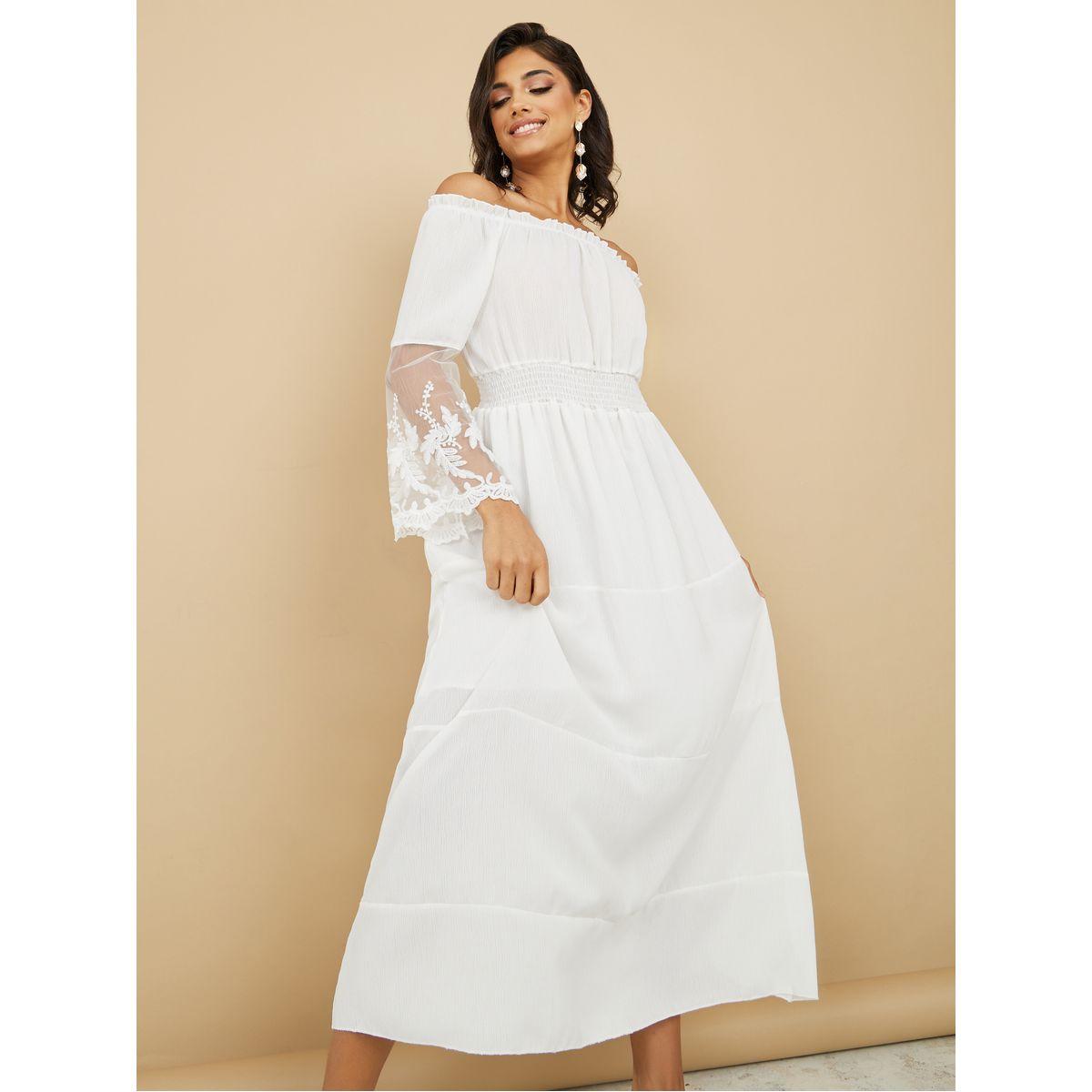 Styli Off Shoulder Lace Insert Tiered Midi Dress-women-clothing-dresses-image-2