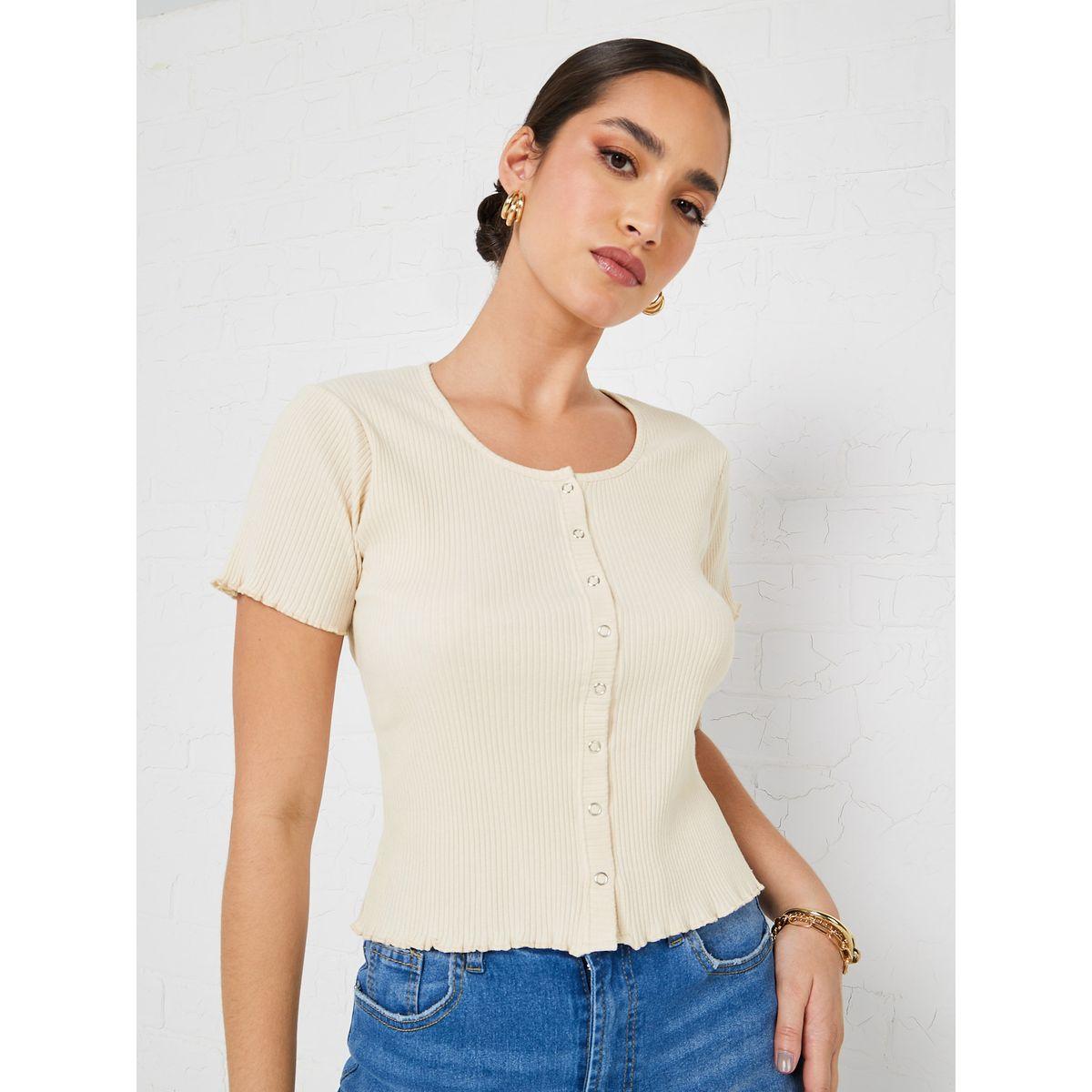 Styli Elevate Regular Fit Ribbed Crop T-Shirt with Popper Button-women-clothing-tshirts-image-3