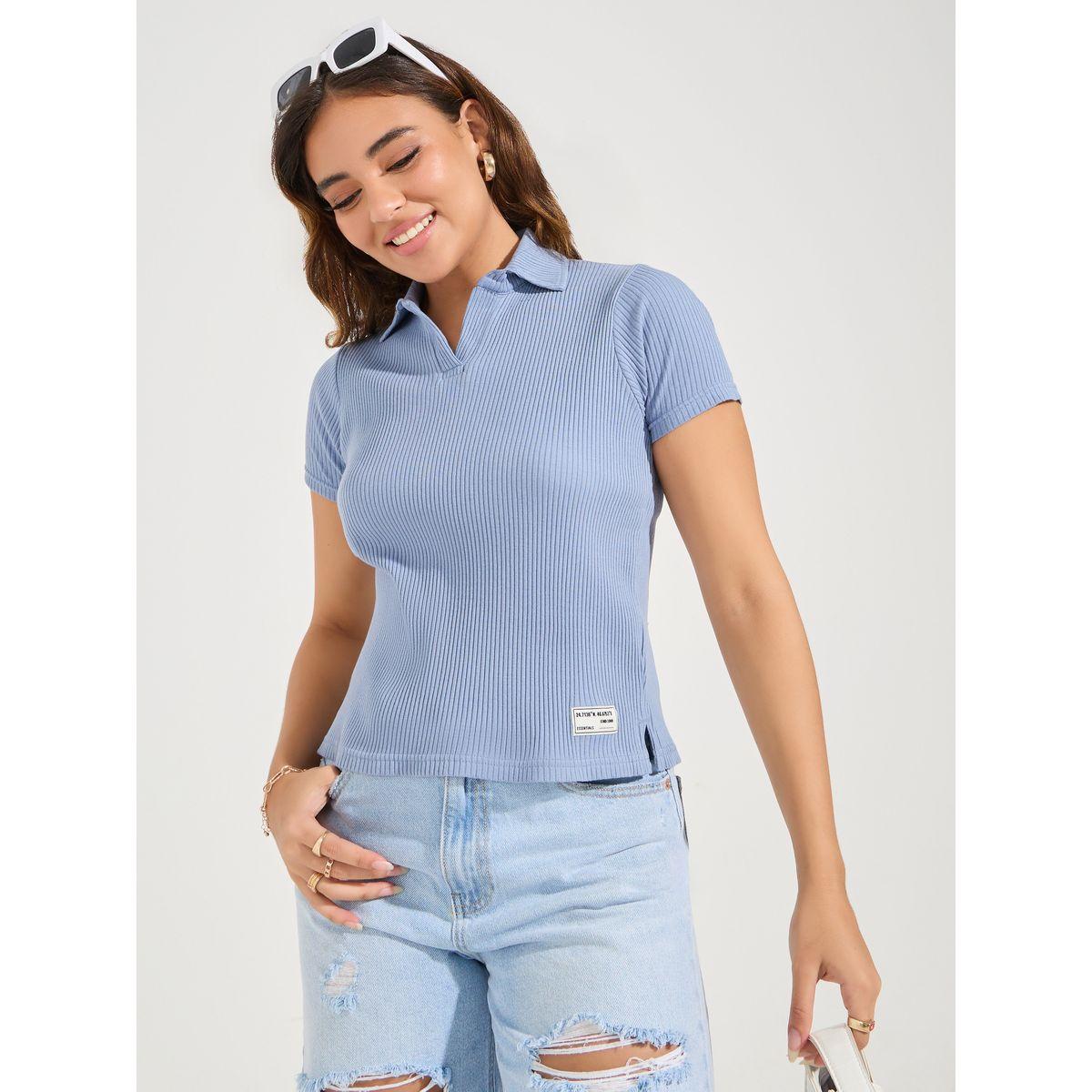 Styli Elevate Regular Fit Ribbed Polo T-Shirt with Side Slit-women-clothing-tshirts-image-1
